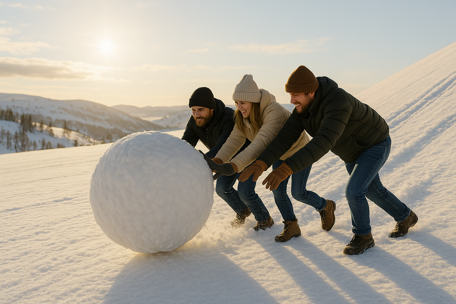 Tre personer sätter en snöboll i rullning – starten på något större