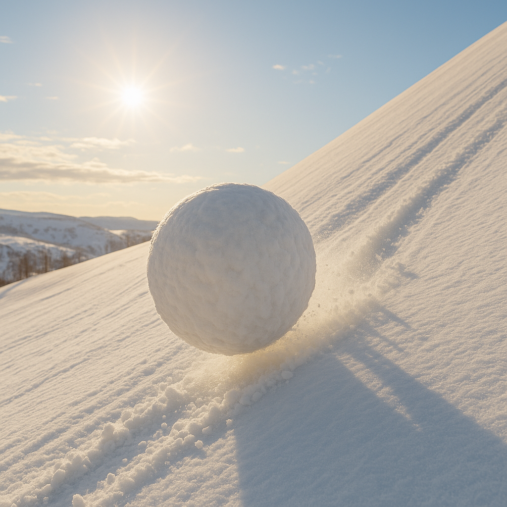 En snöboll rullar i soluppgången – symbol för rörelse och momentum